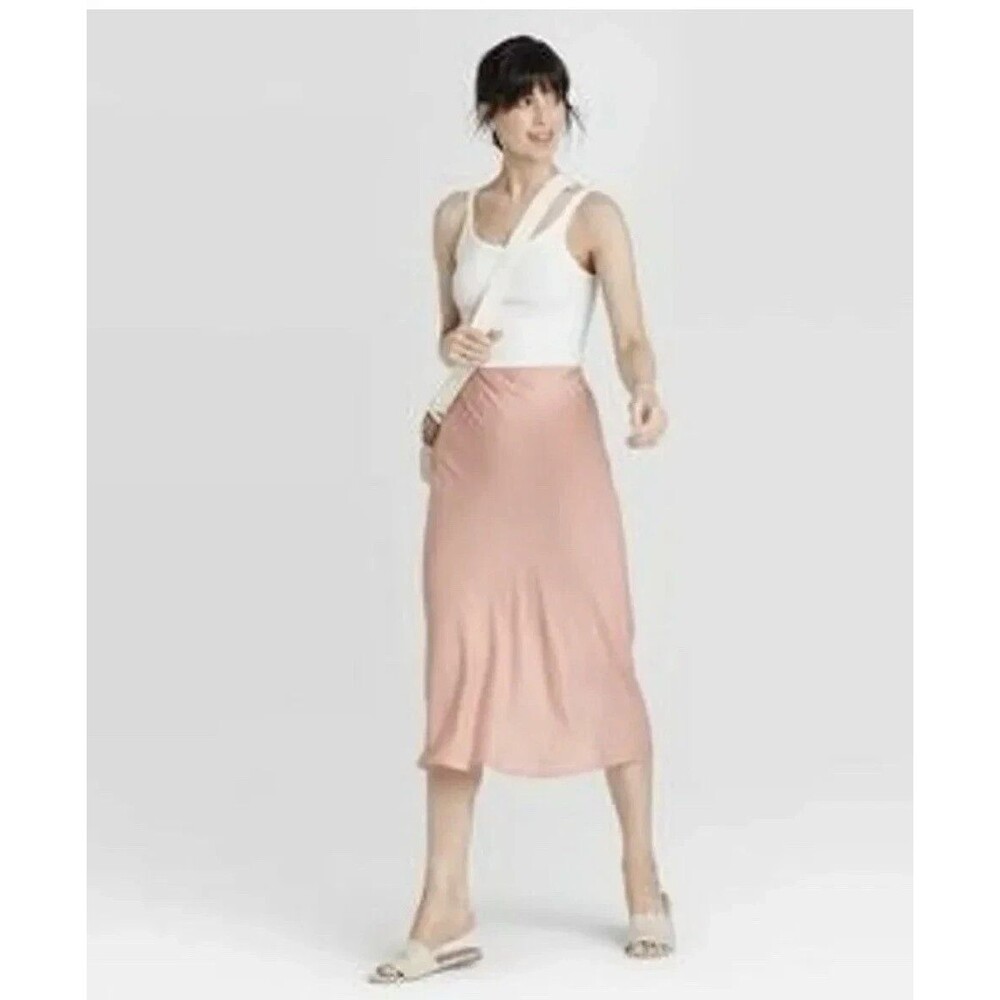 A New Day Pink Skirt Womens Size Small A-Line Midi Satin Elastic Waist 2019